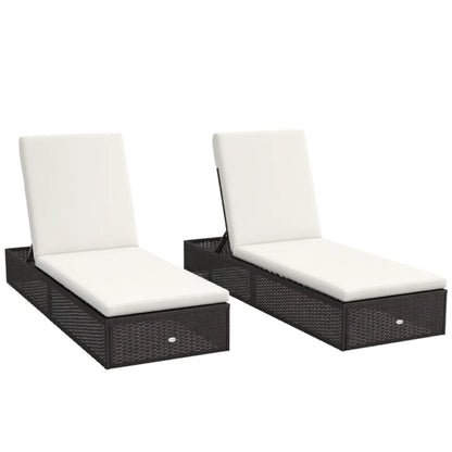 Outsunny Set of Two Rattan Sun Loungers, with Reclining Backs - Brown/Cream