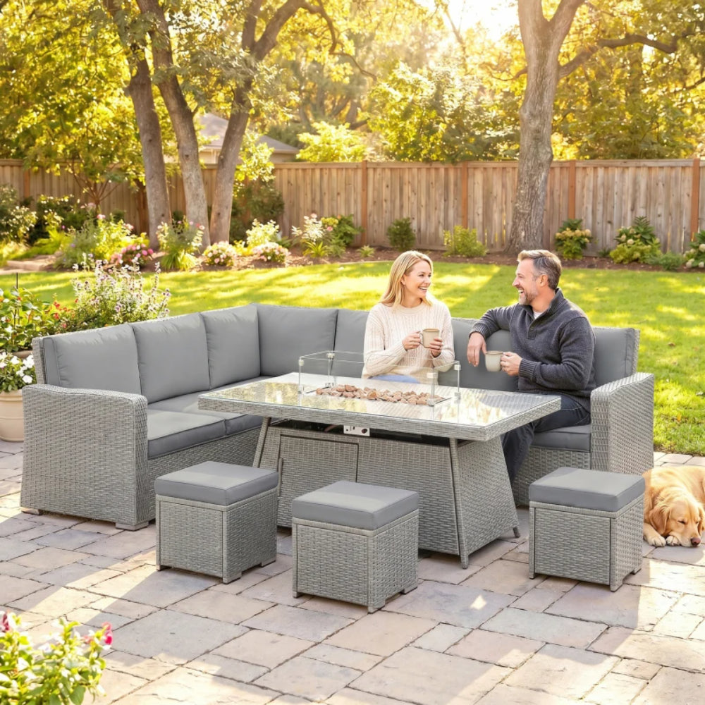 Outsunny Seven-Piece Firepit Table Rattan Sofa Set - Grey