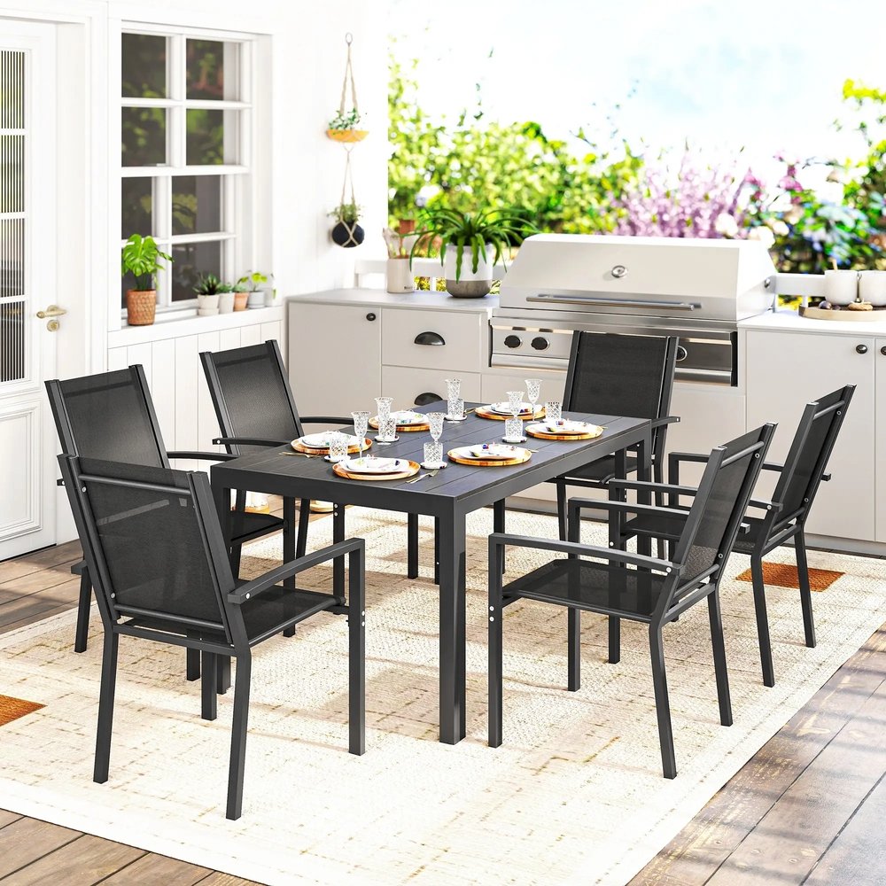 Outsunny Seven-Piece Garden Dining Set, with Plastic Wood-Top Table 17
