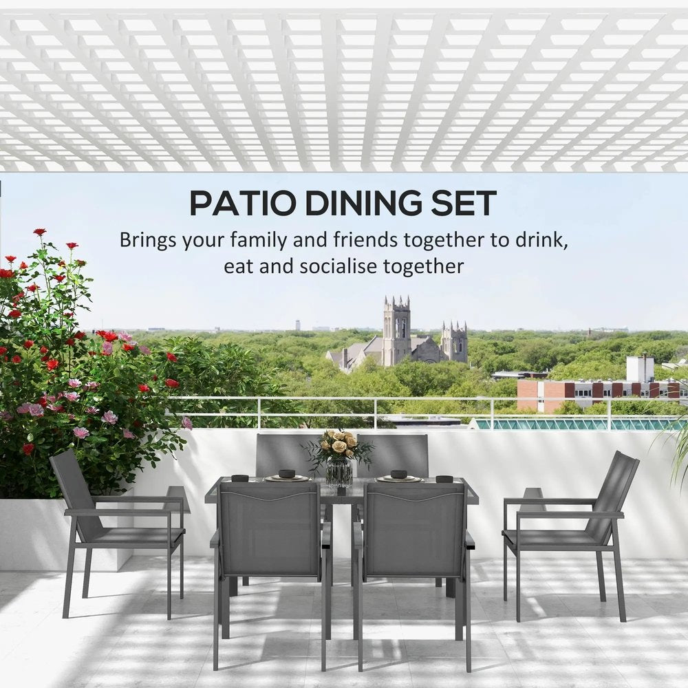 Outsunny Seven-Piece Metal Dining Set with Glass-Top Table and Texteline Chairs - Grey 5