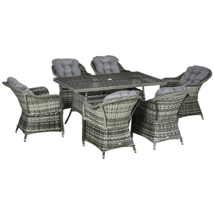 Outsunny Seven-Piece Rattan Dining Set with Tempered Glass Table Top and Parasol Hole - Grey