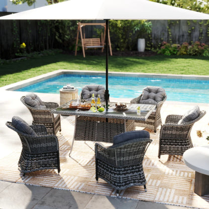 Outsunny Seven-Piece Rattan Dining Set with Tempered Glass Table Top and Parasol Hole - Grey