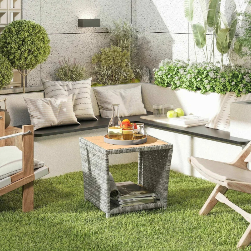 Outsunny Side Table 2-Tier Outdoor Coffee Table with Storage Shelf PS Wood Slat Top