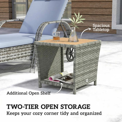 Outsunny Side Table 2-Tier Outdoor Coffee Table with Storage Shelf PS Wood Slat Top