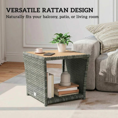 Outsunny Side Table 2-Tier Outdoor Coffee Table with Storage Shelf PS Wood Slat Top