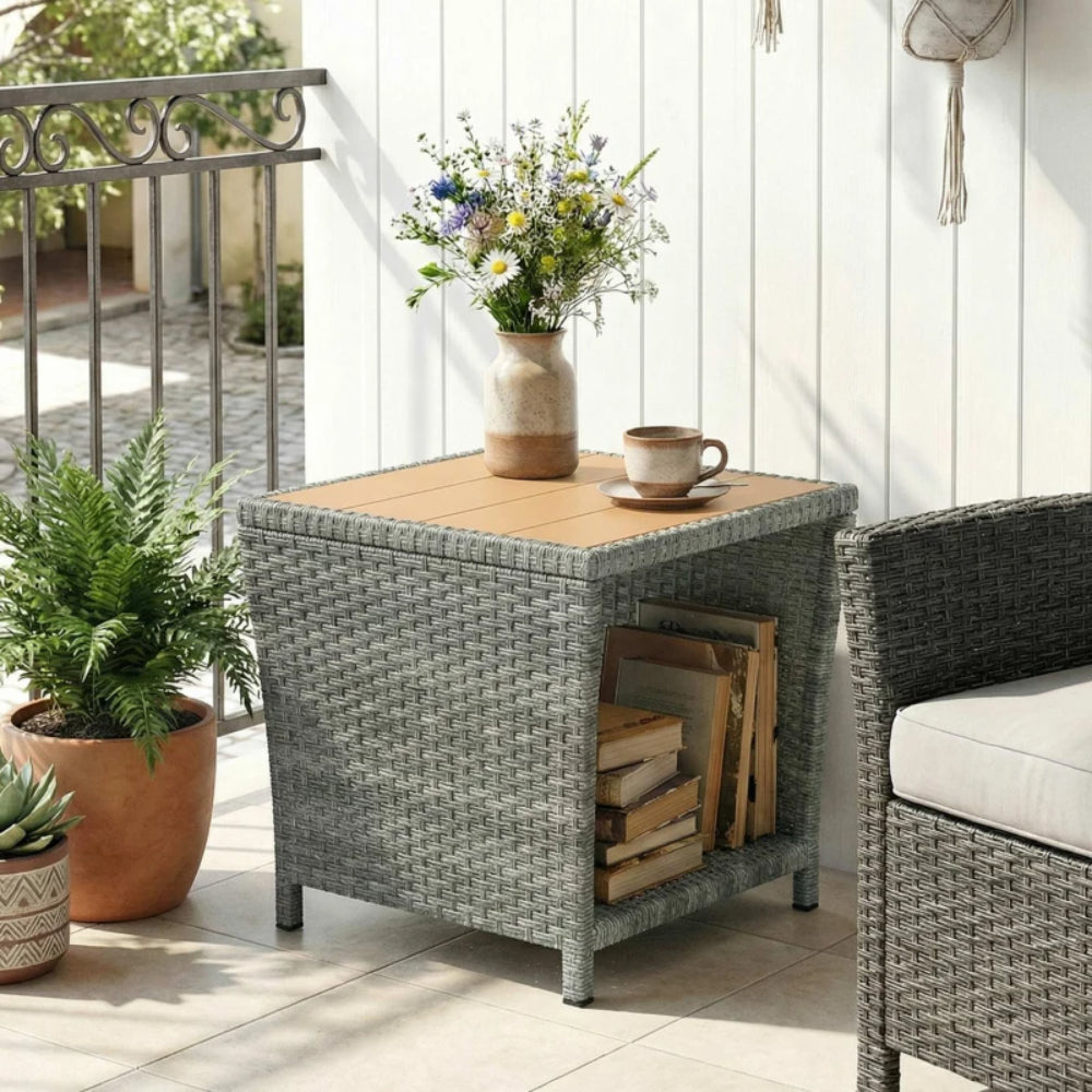 Outsunny Side Table 2-Tier Outdoor Coffee Table with Storage Shelf PS Wood Slat Top