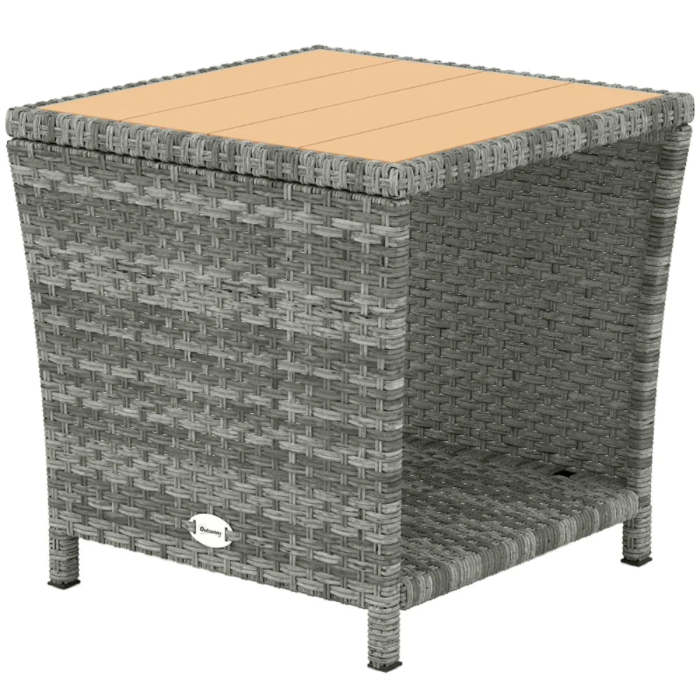 Outsunny Side Table 2-Tier Outdoor Coffee Table with Storage Shelf PS Wood Slat Top
