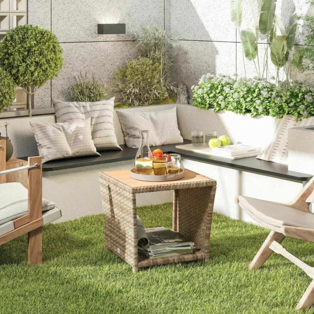 Outsunny Side Table 2-Tier Outdoor Coffee Table with Storage Shelf PS Wood Slat Top