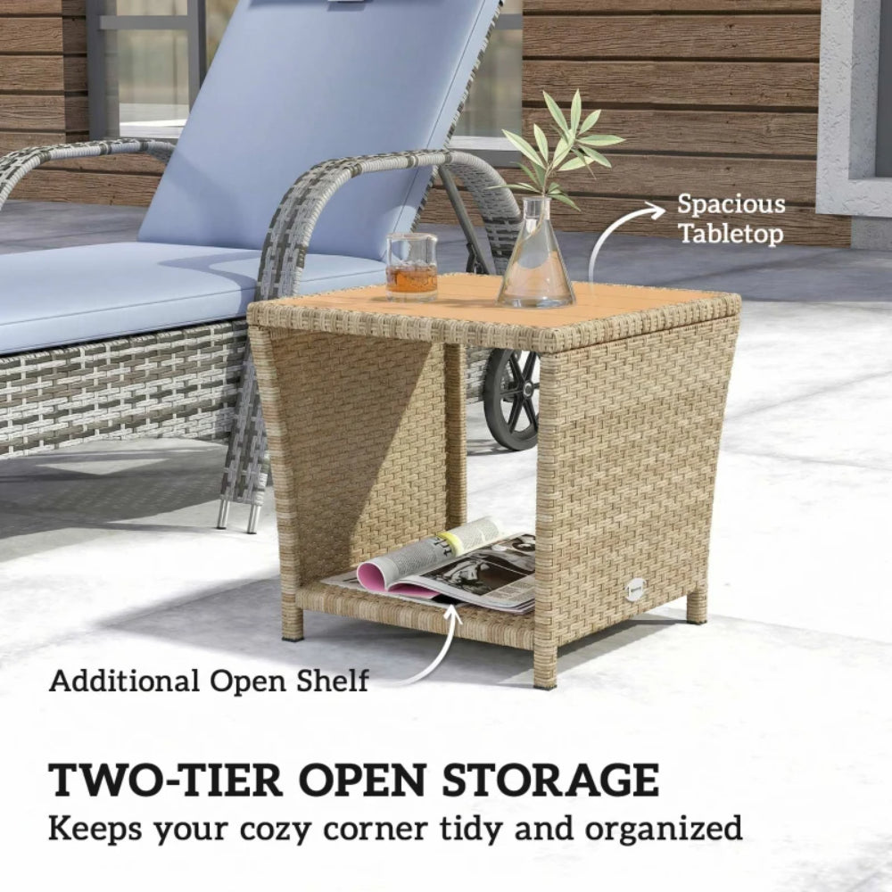 Outsunny Side Table 2-Tier Outdoor Coffee Table with Storage Shelf PS Wood Slat Top