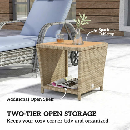 Outsunny Side Table 2-Tier Outdoor Coffee Table with Storage Shelf PS Wood Slat Top