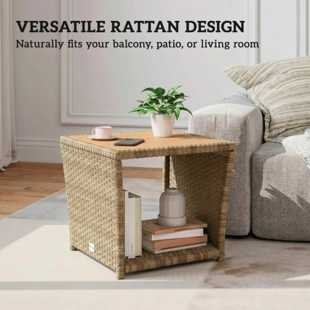 Outsunny Side Table 2-Tier Outdoor Coffee Table with Storage Shelf PS Wood Slat Top