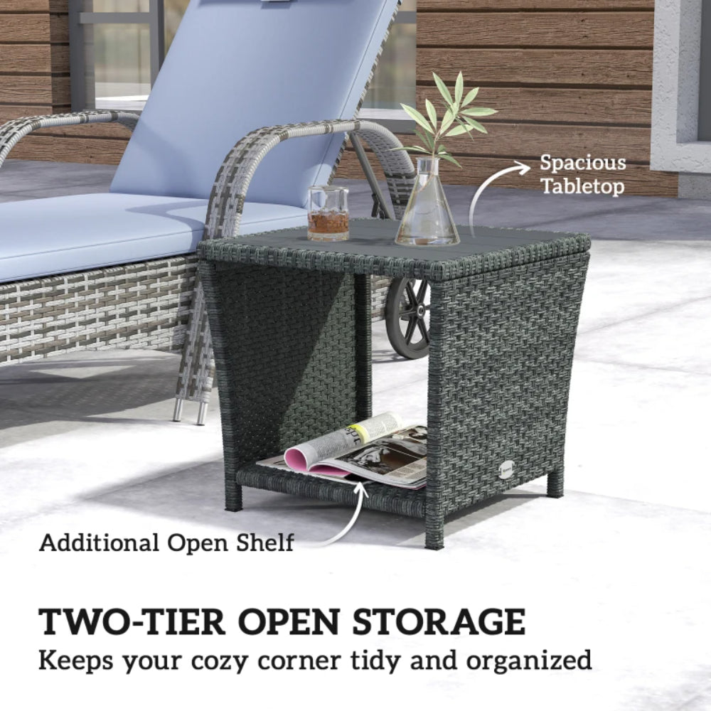 Outsunny Side Table 2-Tier Outdoor Coffee Table with Storage Shelf PS Wood Slat Top