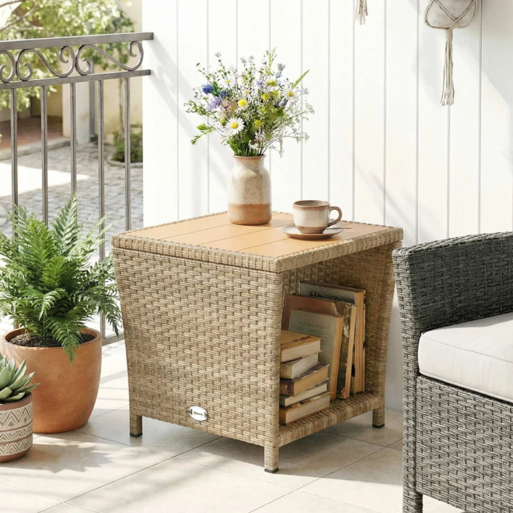 Outsunny Side Table 2-Tier Outdoor Coffee Table with Storage Shelf PS Wood Slat Top