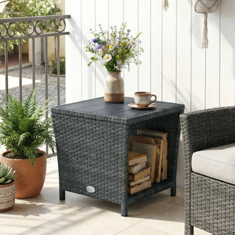 Outsunny Side Table 2-Tier Outdoor Coffee Table with Storage Shelf PS Wood Slat Top