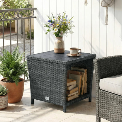 Outsunny Side Table 2-Tier Outdoor Coffee Table with Storage Shelf PS Wood Slat Top