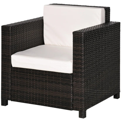 Outsunny Single Seater Rattan Chair, PE Wicker Garden Armchair with 10 cm Thickened Cushion, All-Weather Rattan Garden Chair with Armrests, Brown