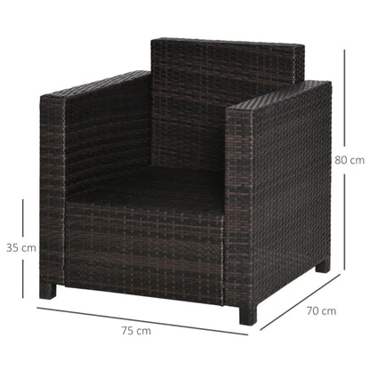 Outsunny Single Seater Rattan Chair, PE Wicker Garden Armchair with 10 cm Thickened Cushion, All-Weather Rattan Garden Chair with Armrests, Brown