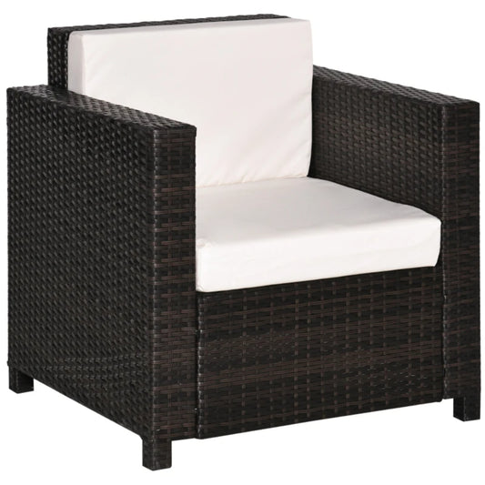 Outsunny Single Seater Rattan Chair, PE Wicker Garden Armchair with 10 cm Thickened Cushion, All-Weather Rattan Garden Chair with Armrests, Brown