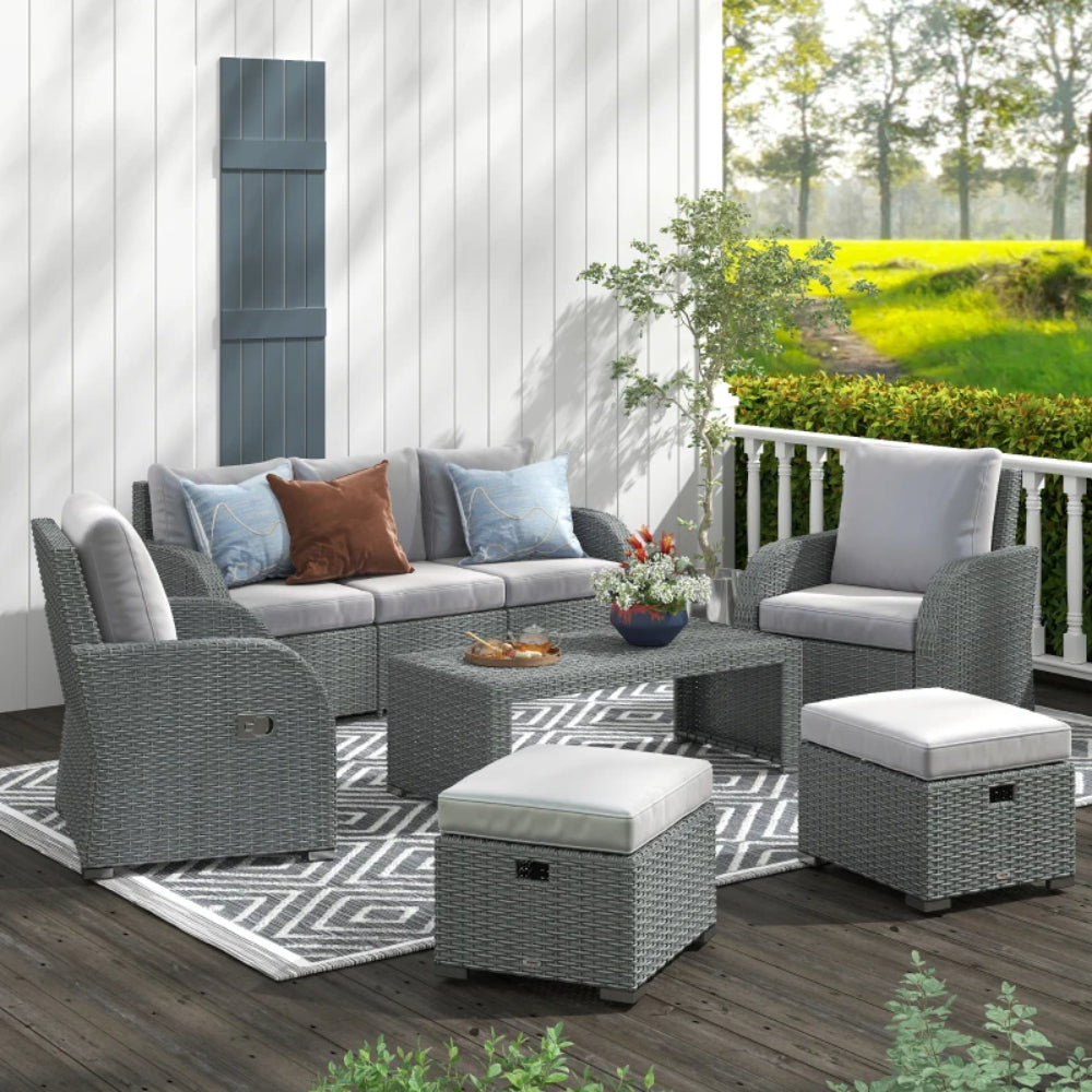 Outsunny Six-piece Outdoor Rattan Dining Set, Outdoor Sofa Set with Reclining Armchairs and Mental Frame