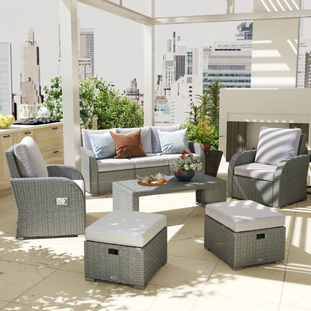 Outsunny Six-piece Outdoor Rattan Dining Set, Outdoor Sofa Set with Reclining Armchairs and Mental Frame