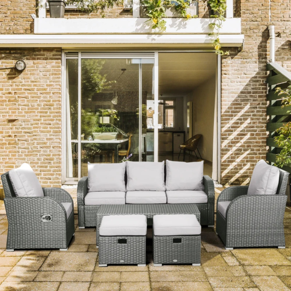 Outsunny Six-piece Outdoor Rattan Dining Set, Outdoor Sofa Set with Reclining Armchairs and Mental Frame