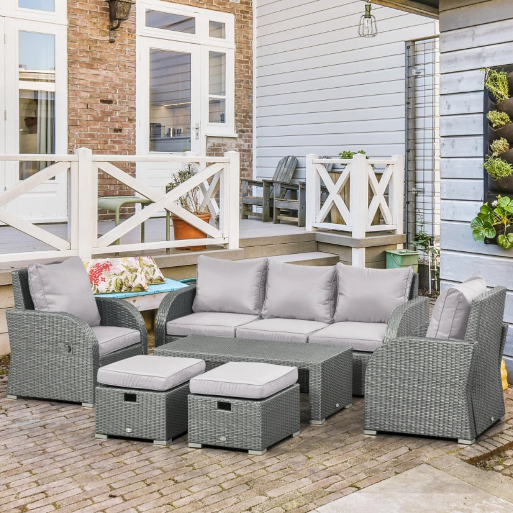 Outsunny Six-piece Outdoor Rattan Dining Set, Outdoor Sofa Set with Reclining Armchairs and Mental Frame