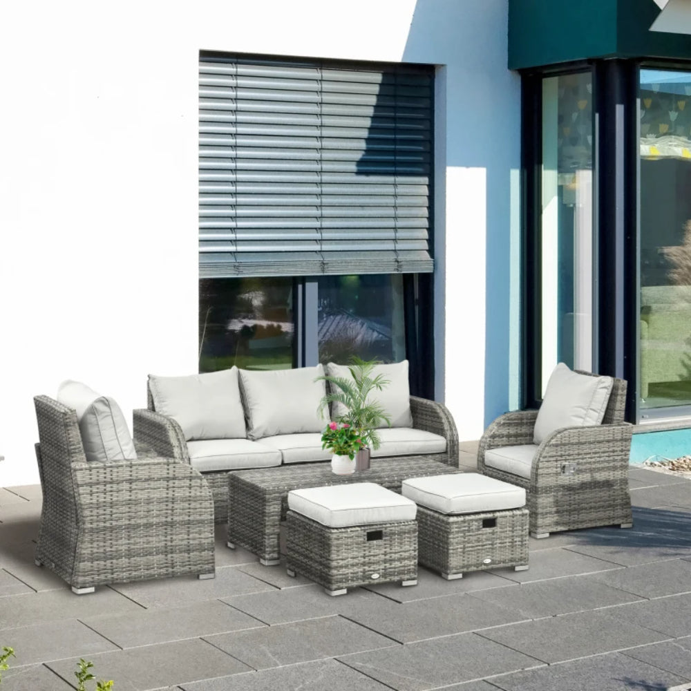 Outsunny Six-piece Outdoor Rattan Dining Set, Outdoor Sofa Set with Reclining Armchairs and Mental Frame
