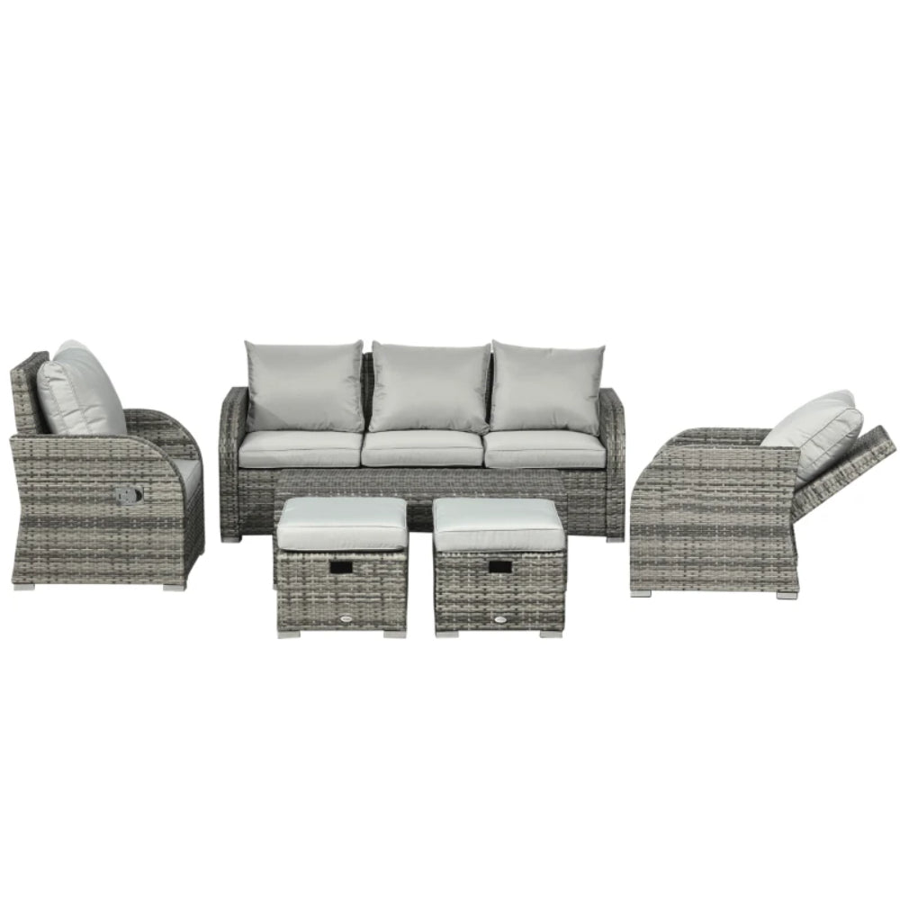Outsunny Six-piece Outdoor Rattan Dining Set, Outdoor Sofa Set with Reclining Armchairs and Mental Frame
