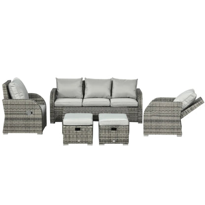 Outsunny Six-piece Outdoor Rattan Dining Set, Outdoor Sofa Set with Reclining Armchairs and Mental Frame