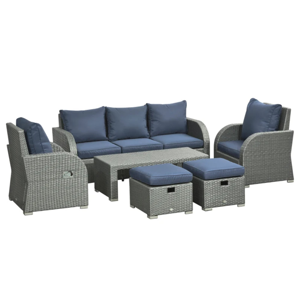 Outsunny Six-piece Outdoor Rattan Dining Set, Outdoor Sofa Set with Reclining Armchairs and Mental Frame