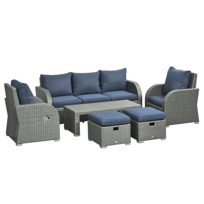 Outsunny Six-piece Outdoor Rattan Dining Set, Outdoor Sofa Set with Reclining Armchairs and Mental Frame