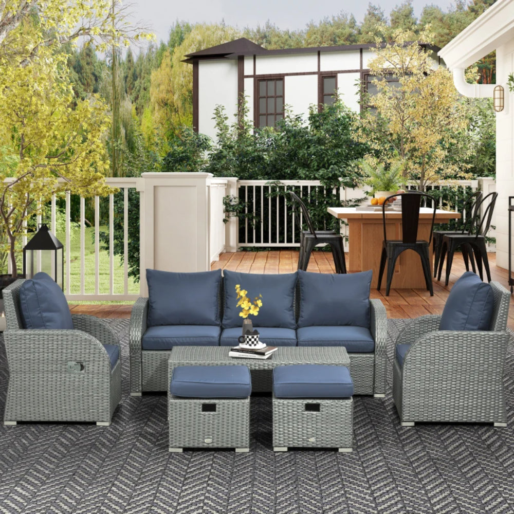 Outsunny Six-piece Outdoor Rattan Dining Set, Outdoor Sofa Set with Reclining Armchairs and Mental Frame