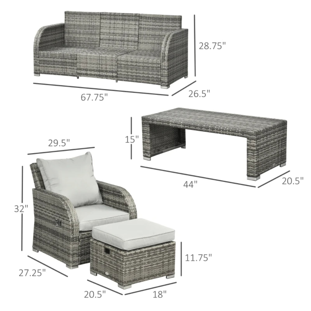 Outsunny Six-piece Outdoor Rattan Dining Set, Outdoor Sofa Set with Reclining Armchairs and Mental Frame