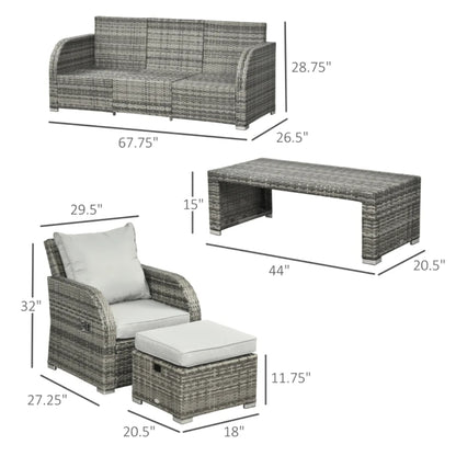 Outsunny Six-piece Outdoor Rattan Dining Set, Outdoor Sofa Set with Reclining Armchairs and Mental Frame