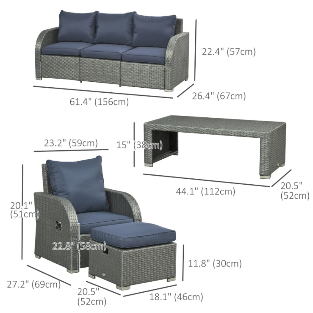 Outsunny Six-piece Outdoor Rattan Dining Set, Outdoor Sofa Set with Reclining Armchairs and Mental Frame