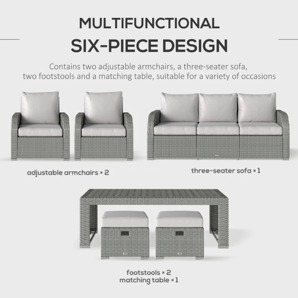 Outsunny Six-piece Outdoor Rattan Dining Set, Outdoor Sofa Set with Reclining Armchairs and Mental Frame