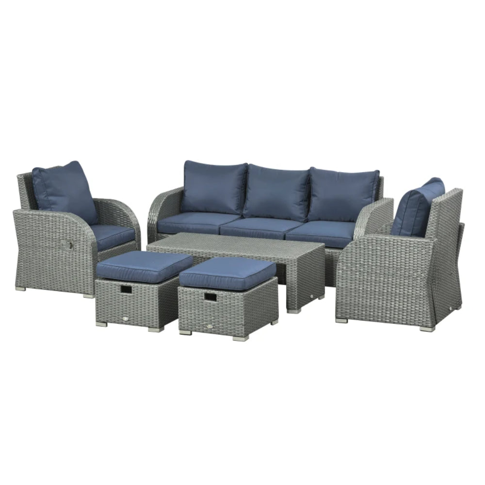Outsunny Six-piece Outdoor Rattan Dining Set, Outdoor Sofa Set with Reclining Armchairs and Mental Frame