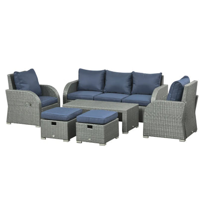 Outsunny Six-piece Outdoor Rattan Dining Set, Outdoor Sofa Set with Reclining Armchairs and Mental Frame