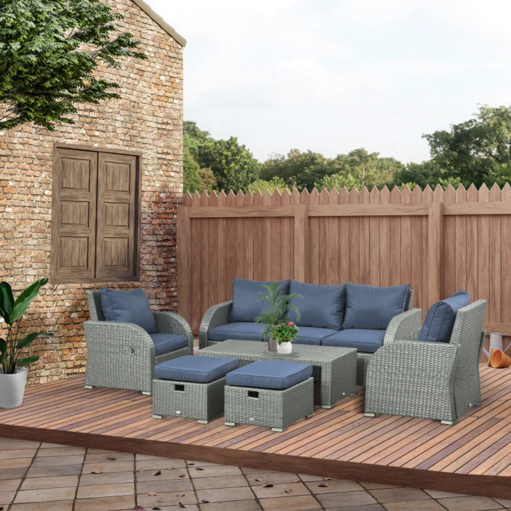 Outsunny Six-piece Outdoor Rattan Dining Set, Outdoor Sofa Set with Reclining Armchairs and Mental Frame