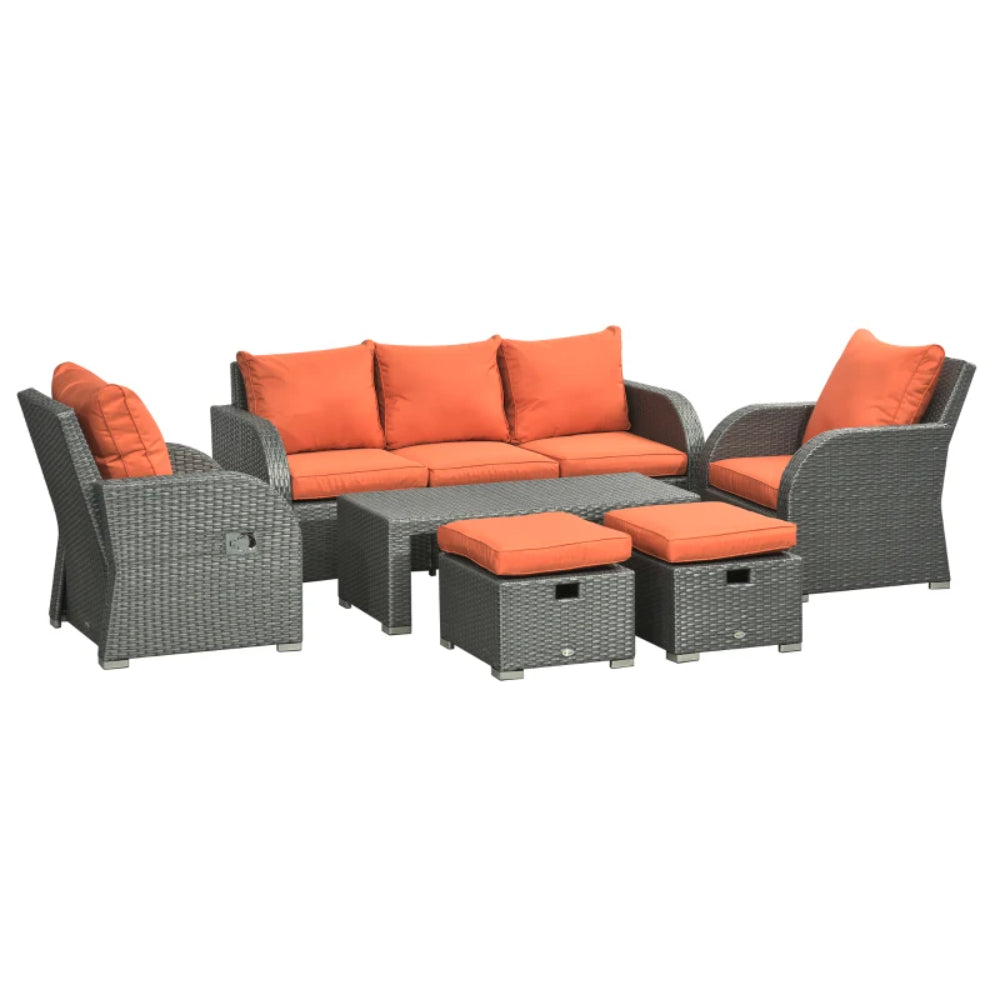 Outsunny Six-piece Outdoor Rattan Dining Set, Outdoor Sofa Set with Reclining Armchairs and Mental Frame