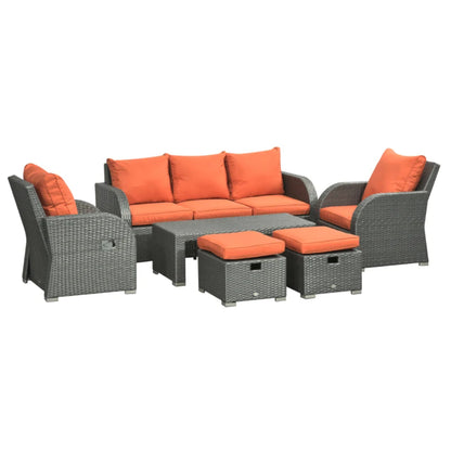 Outsunny Six-piece Outdoor Rattan Dining Set, Outdoor Sofa Set with Reclining Armchairs and Mental Frame