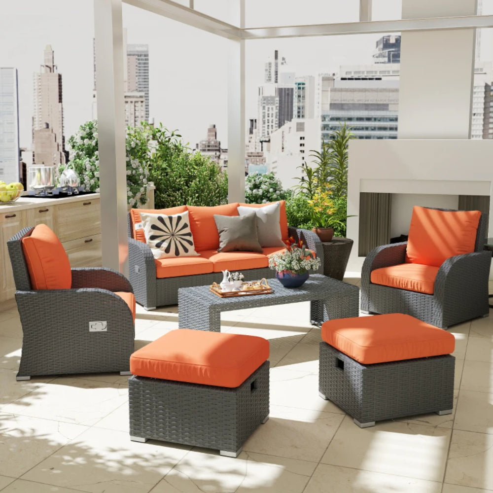 Outsunny Six-piece Outdoor Rattan Dining Set, Outdoor Sofa Set with Reclining Armchairs and Mental Frame