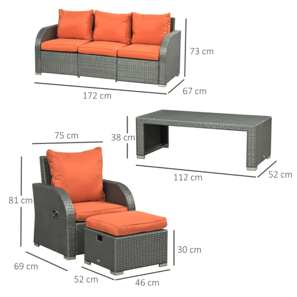Outsunny Six-piece Outdoor Rattan Dining Set, Outdoor Sofa Set with Reclining Armchairs and Mental Frame