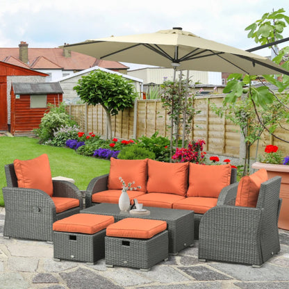 Outsunny Six-piece Outdoor Rattan Dining Set, Outdoor Sofa Set with Reclining Armchairs and Mental Frame