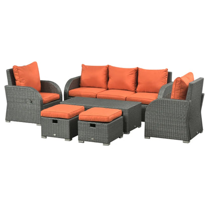 Outsunny Six-piece Outdoor Rattan Dining Set, Outdoor Sofa Set with Reclining Armchairs and Mental Frame