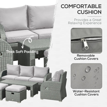 Outsunny Six-piece Outdoor Rattan Dining Set, Outdoor Sofa Set with Reclining Armchairs and Mental Frame