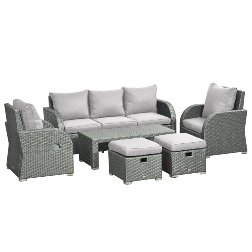 Outsunny Six-piece Outdoor Rattan Dining Set, Outdoor Sofa Set with Reclining Armchairs and Mental Frame