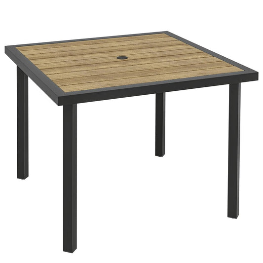 Outsunny Square Garden Dining Table with 5.4cm Parasol Hole, Slatted Top, Metal Frame, 86 x 86 x 71cm, Brown 