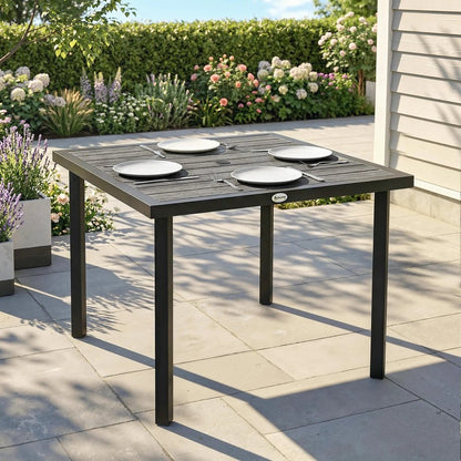 Outsunny Square Garden Dining Table with Parasol Hole, Slatted Top, Metal Frame, 86 x 86 x 71 cm, Light Grey 1