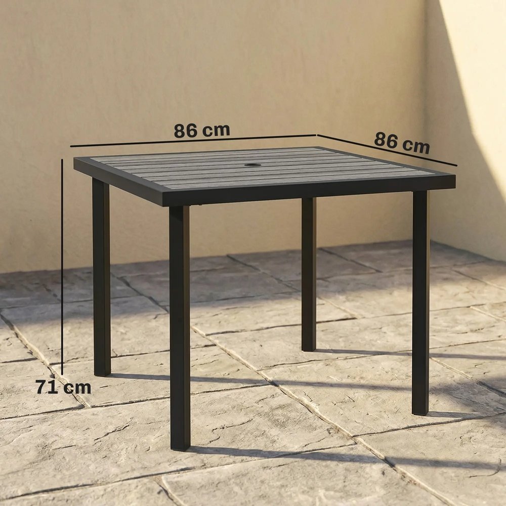 Outsunny Square Garden Dining Table with Parasol Hole, Slatted Top, Metal Frame, 86 x 86 x 71 cm, Light Grey 2